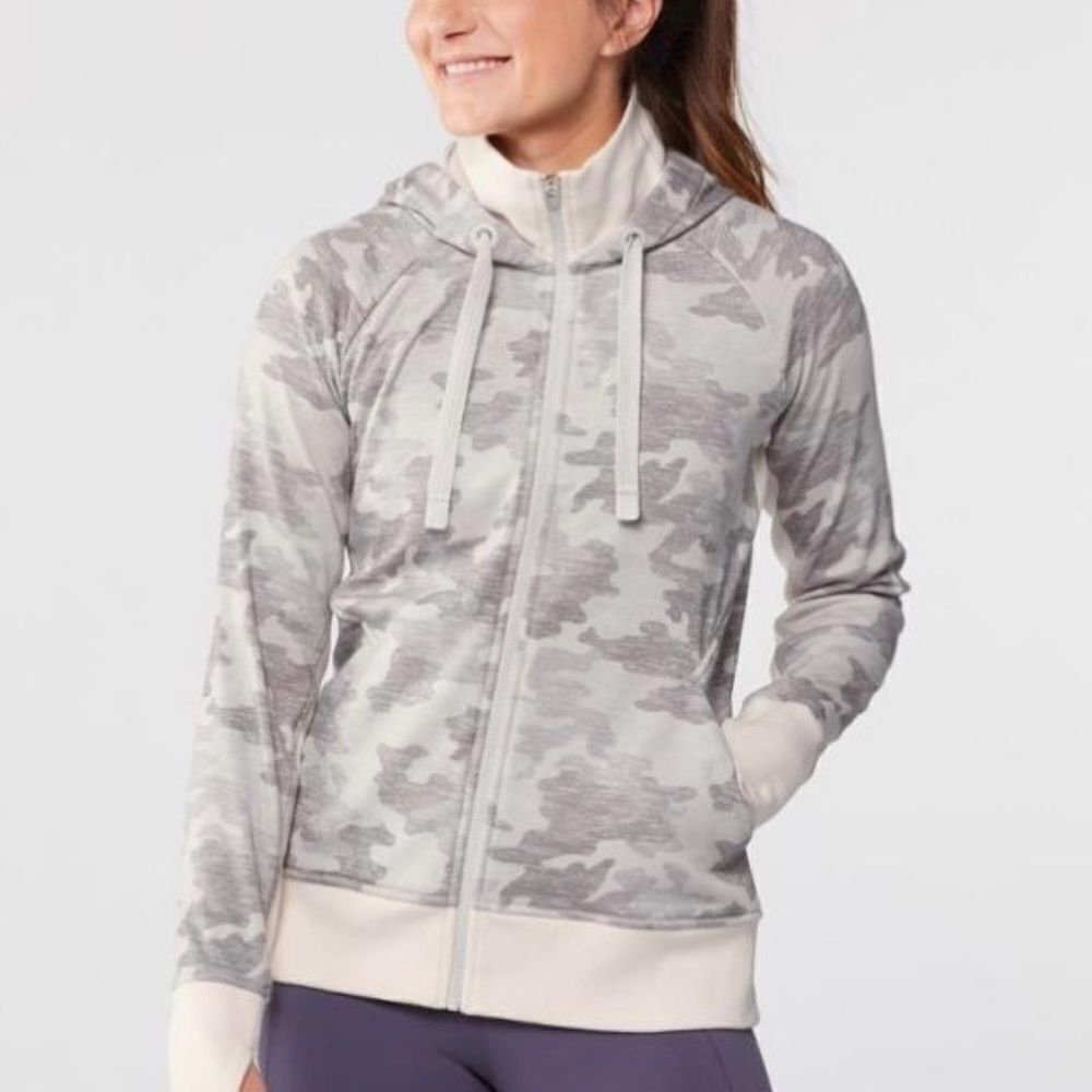 Athleta Triumph Grey Camo Print Full Zip Hoodie Sweatshirt